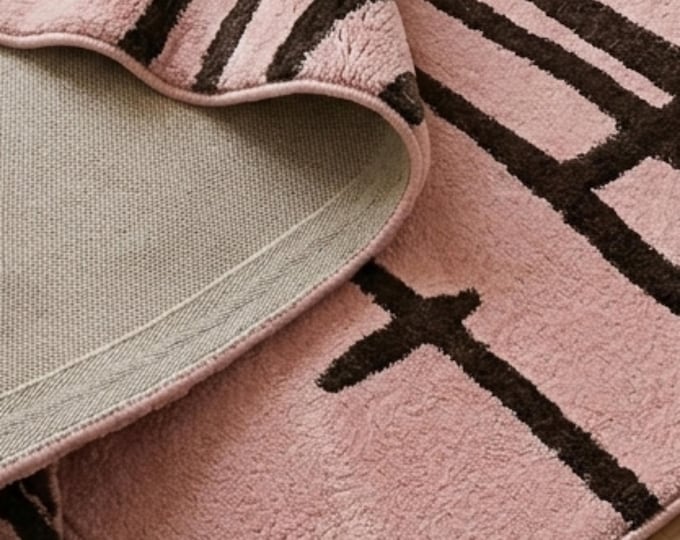 Blush Pink Abstract Line Art Area Rug, 8X10ft Modern Minimalist Geometric Carpet for Living Room, Bedroom, Contemporary Black & Pink Rug