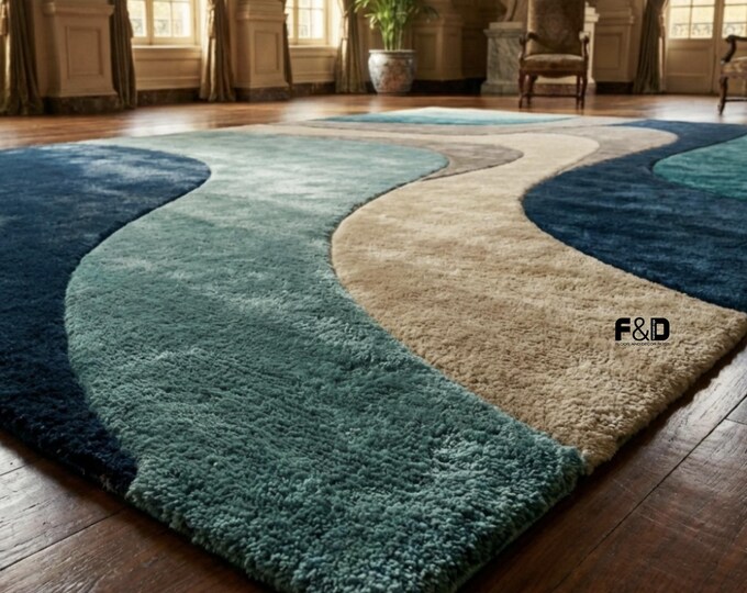 Modern Abstract Area Rug – Blue, Teal & Beige Wavy Swirl Design – Plush Soft Living Room Carpet – Contemporary Coastal Ocean Decor – Custom