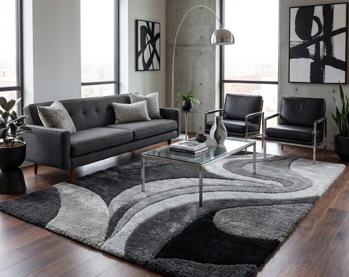Modern Abstract Wool Rug Grey Black Swirl Design - Plush Living Room Carpet - Contemporary Floor Decor - Hand Tufted Soft Shag Area Rug