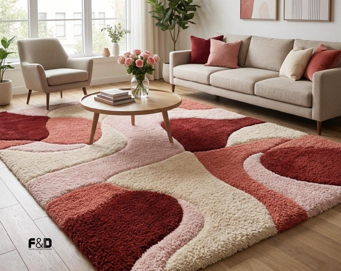 Modern Abstract Wool Rug Pink Red Cream | Soft Plush Shag Area Rug | Geometric Living Room Carpet | Cozy Floor Decor Gift Rug for Bedroom