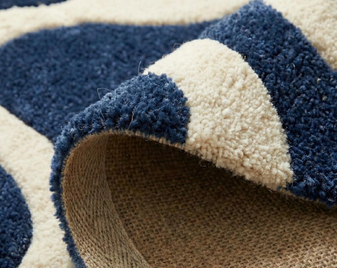 Hand Tufted Abstract Blue & Cream Wavy Rug |8x10ft Mid Century Modern Area Rug | Scandi Organic Shape Carpet | Soft Wool Living Room Rug 6x9