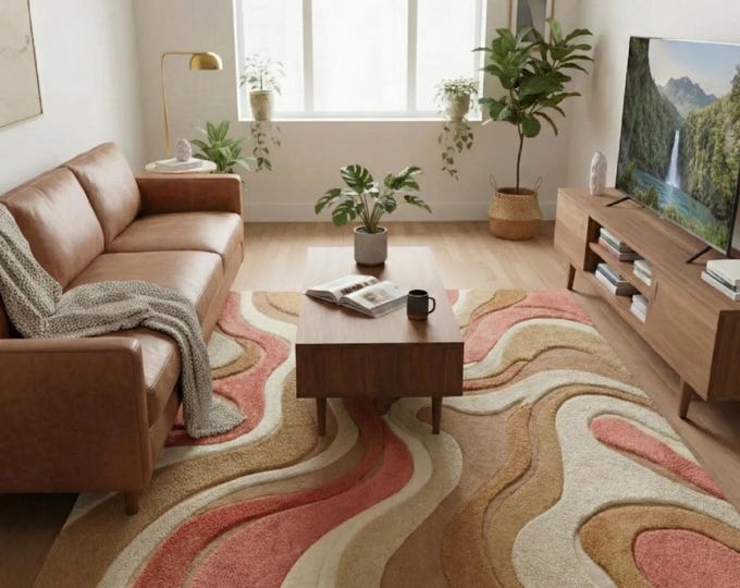 Organic Wavy Wool Rug in Earth Tones - High Low Pile Tufted Carpet - Modern Abstract Art Rug for Bedroom or Lounge - Rust, Pink, and Beige