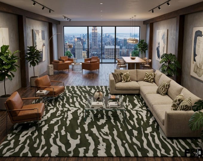 9×12ft Olive Green Abstract Animal Print Area Rug | Modern Tiger Stripe Living Room Carpet | Contemporary Tufted Rug style 8×10ft/10×14ft.