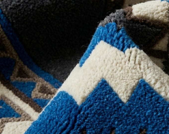 7X10Ft Southwestern Geometric Area Rug | Aztec Tribal Tufted Rug in Blue, Grey & Cream | Navajo Style Boho Living Room Decor | Custom Size