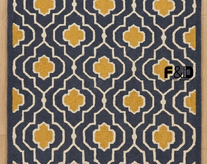 Navy Blue & Mustard Yellow Geometric Area Rug, 9x12ft Moroccan Trellis Hand Tufted Wool Rug, Mid Century Modern Carpet for Living Room 10x14