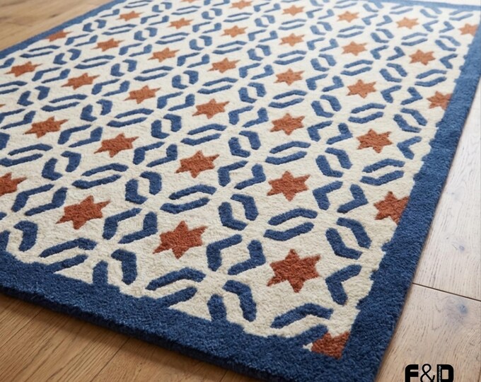 Hand Tufted Wool Rug - 8x10ft Moroccan Geometric Area Rug - Navy Blue & Terracotta Star Rug - Modern Trellis Wool Carpet for Living Room Rug