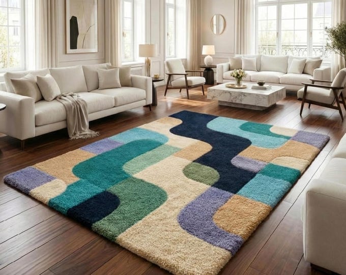 Hand Tufted Abstract Area Rug - Mid Century Modern Wavy Carpet - Colorful Geometric Wool Rug - Blue Teal & Beige Aesthetic Room Decor Rugs