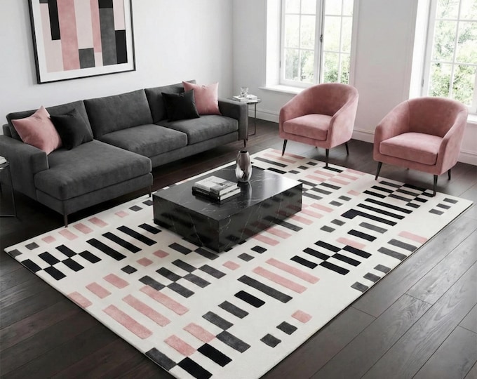 Modern Geometric Area Rug - Blush Pink & Black Block Pattern - Hand Tufted Wool Living Room Carpet - Scandi Minimalist Floor Decor - Custom