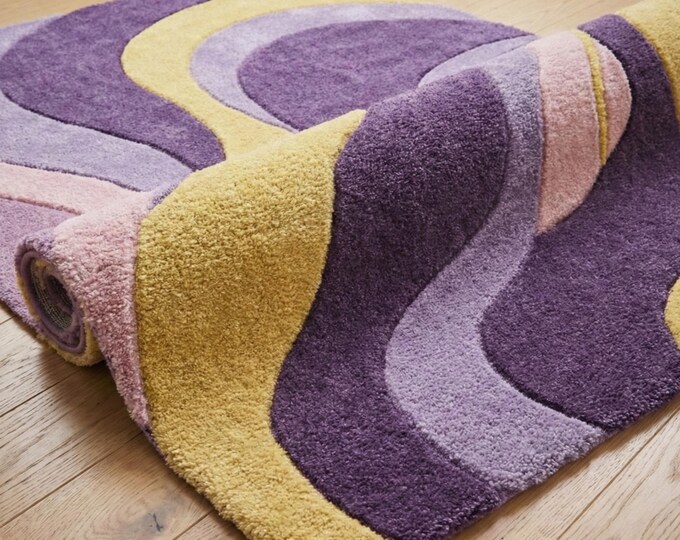 Abstract Wavy Area Rug | Purple Yellow Pink Swirl Carpet | Retro 70s Pastel Tufted Rug for Living Room & Bedroom | Colorful Funky Decor