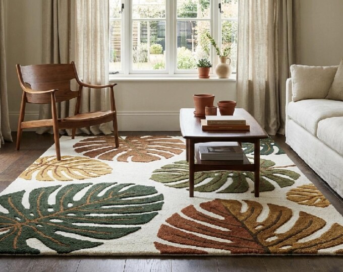 Hand Tufted Monstera Rug - Wool Tropical Leaf Area Rug - Boho Botanical Decor - Green Rust and Mustard Earth Tones - FLOOR & DECOR RUGS