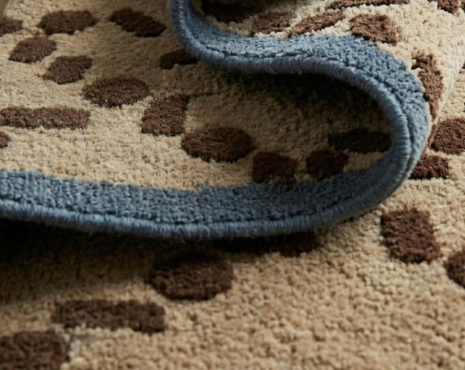 Geometric Hand Tufted Wool Rug | 9x12ft Beige & Brown Boho Area Rug with Blue Border | Artisanal Deep Texture Custom Carpet for Living Room