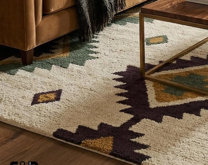 Southwestern Area Rug | 9X12ft Geometric Aztec Tribal Rug in Plum, Sage & Mustard | Boho Desert Decor Tufted Rug | Custom Size Hand-Tufted