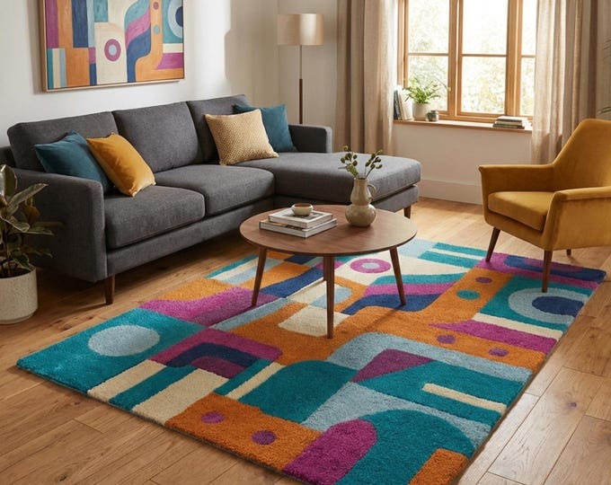 Modern Geometric Wool Rug – Hand Tufted Bauhaus Style Area Rug – Colorful Mid Century Modern Carpet – Teal, Orange & Purple Abstract Living