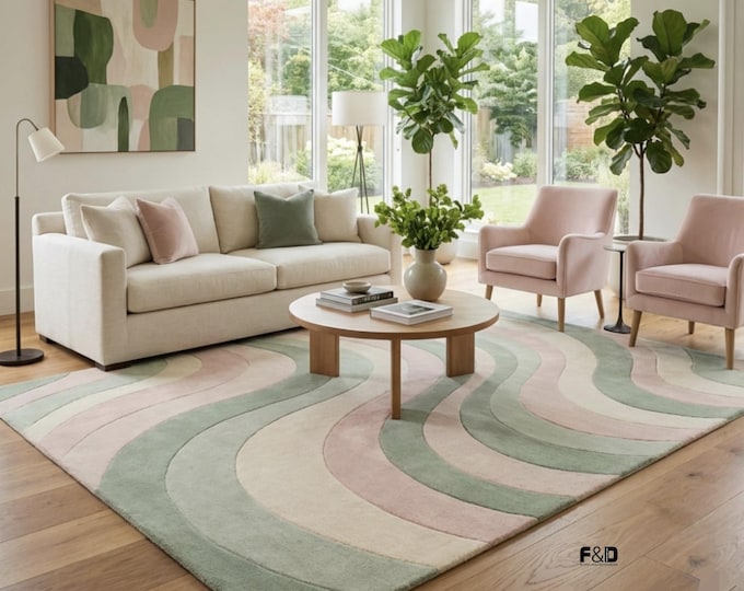 Pastel Wave Rug, Sage Green and Pink Area Rug, Hand Tufted Wool Carpet, Modern Abstract Living Room Decor, Scandi Nursery Rug, Custom Size