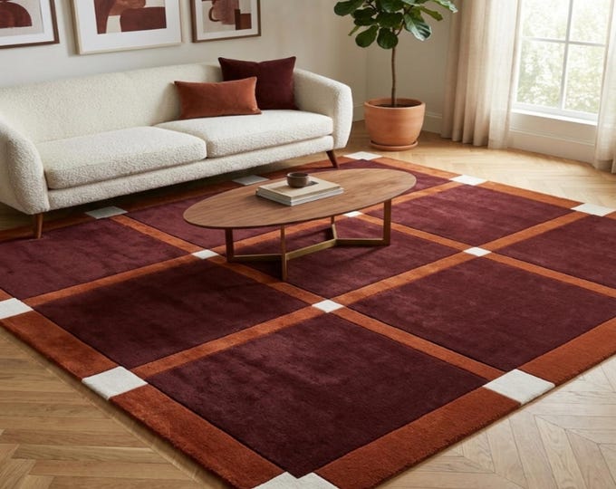 Mid Century Modern Geometric Area Rug | Burgundy & Burnt Orange Color Block Rug | Hand Tufted Plush Wool Carpet | Custom Retro Living Room