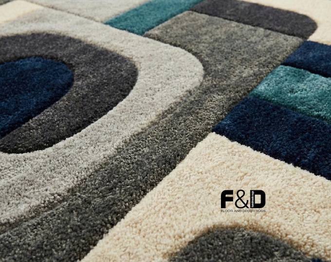 Modern Geometric Area Rug | Hand Tufted Blue, Teal & Grey Abstract Carpet | Soft Wool Blend Living Room Rug | Mid Century Modern Decor Rugs