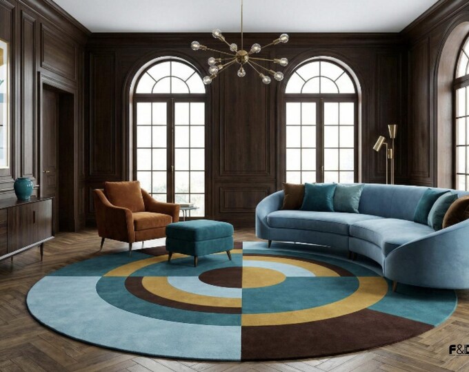 Modern Round Geometric Area Rug - Bauhaus Style Abstract Circle Carpet in Blue, Gold & Chocolate Brown - Hand-Tufted Contemporary Floor Deco