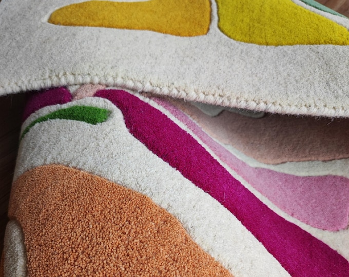 Abstract Floral Wool Rug | Mid Century Modern Boho Area Carpet