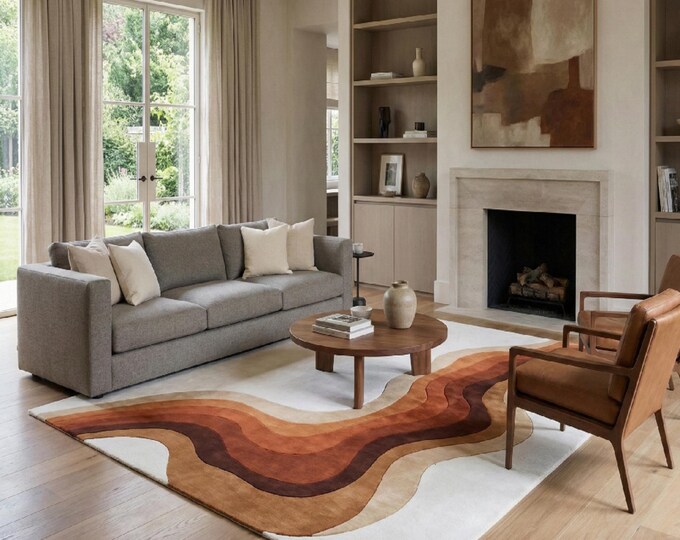 Retro 70s Wavy Area Rug | Mid Century Modern Earth Tone Abstract Swirl Rug | Boho Terracotta and Brown Funky Carpet by FLOOR & DECOR