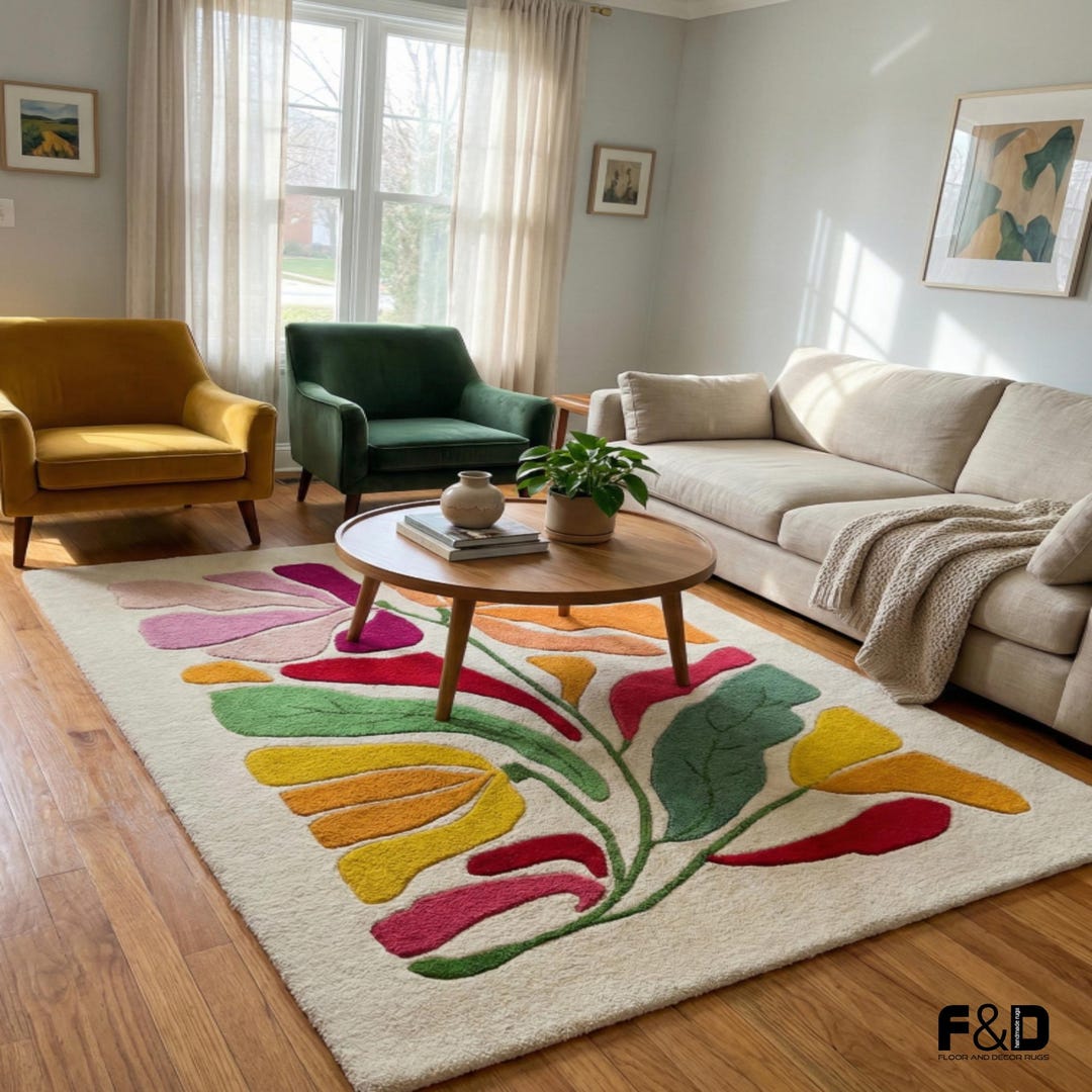 Abstract Floral Tufted Rug | Colorful Botanical Area Rug | Mid Century ...