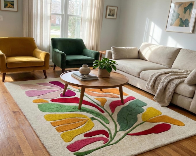 Abstract Floral Tufted Rug | Colorful Botanical Area Rug | Mid Century Modern Boho Decor | Custom Bright Flower Carpet | FLOOR & DECOR RUGS