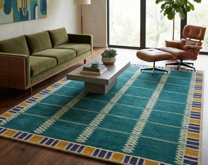 8x10ft Mid Century Modern Geometric Area Rug | Teal & Mustard Retro Wool Carpet | Hand Tufted Deep Texture Artisanal Rug | Custom Living Rug