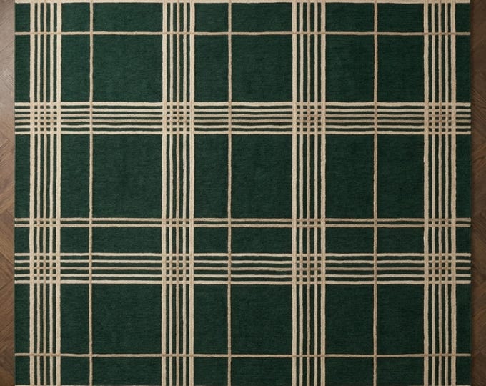 Forest Green Plaid Area Rug | Handmade Beige Grid Tartan | 8x10ft Modern Farmhouse Wool Rug | Minimalist Checkered Carpet for Living Room