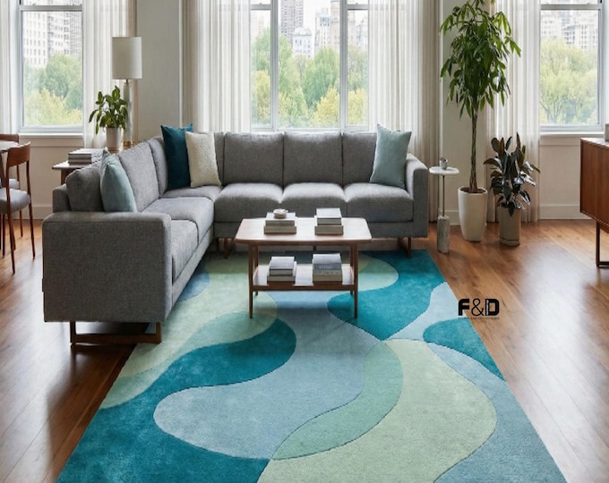 Hand Tufted Abstract Area Rug - Teal & Mint Blue Wavy Design | Modern Living Room Carpet | Contemporary Wool Rug for Bedroom | Coastal Decor