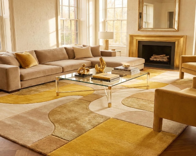 Mid-Century Modern Abstract Area Rug | Mustard Yellow & Beige Geometric Tufted Carpet | Retro Boho Living Room Decor | Neutral Bedroom Rug