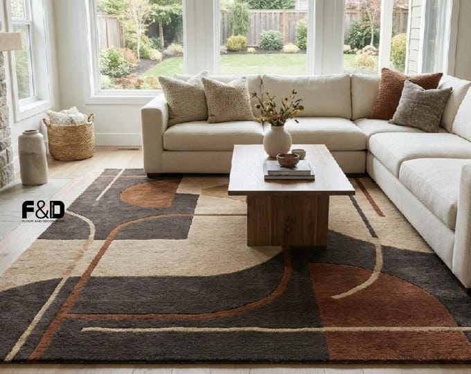 Modern Abstract Area Rug – Earth Tone Geometric Carpet, Mid-Century Modern Terracotta & Brown Living Room Decor, Plush Soft Bedroom Rug