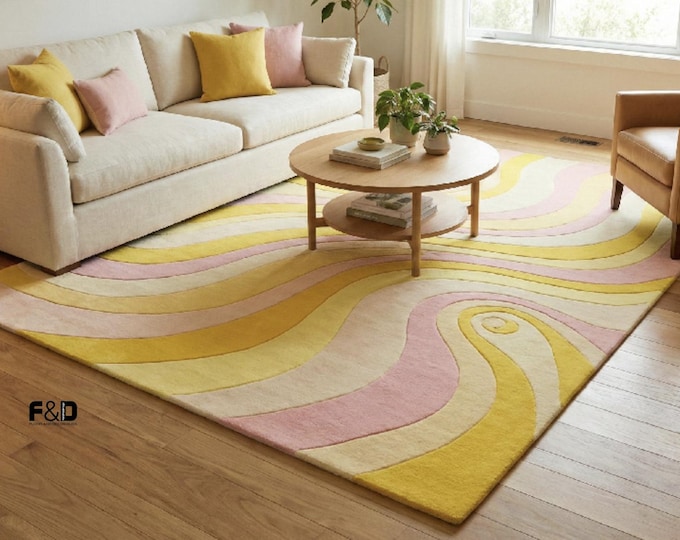 Hand Tufted Wool Rug, Retro Wavy Swirl Area Rug, Pink & Mustard Yellow Funky 70s Decor, Pastel Scandi Living Room Carpet, Custom Size Rug