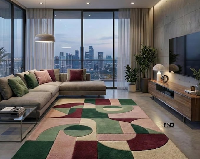 Hand Tufted Geometric Rug, Modern Abstract Area Rug, Green Pink & Burgundy Wool Carpet, Mid Century Modern Living Room Decor, Custom Size