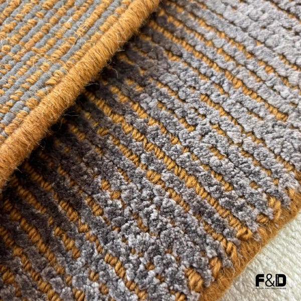 Modern Handknotted Textured Area Rug - Artisanal Ribbed Grey & Mustard Orange Custom Carpet for Living Room, Contemporary Bedroom Decor 9x12