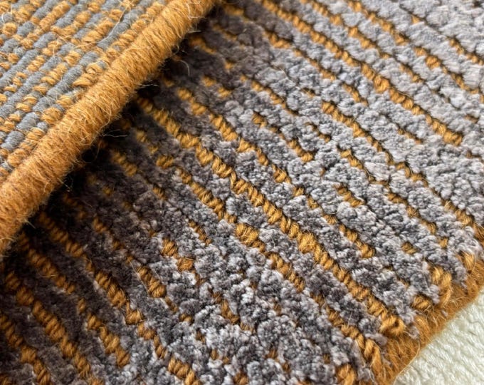 Modern Handknotted Textured Area Rug - Artisanal Ribbed Grey & Mustard Orange Custom Carpet for Living Room, Contemporary Bedroom Decor 9x12