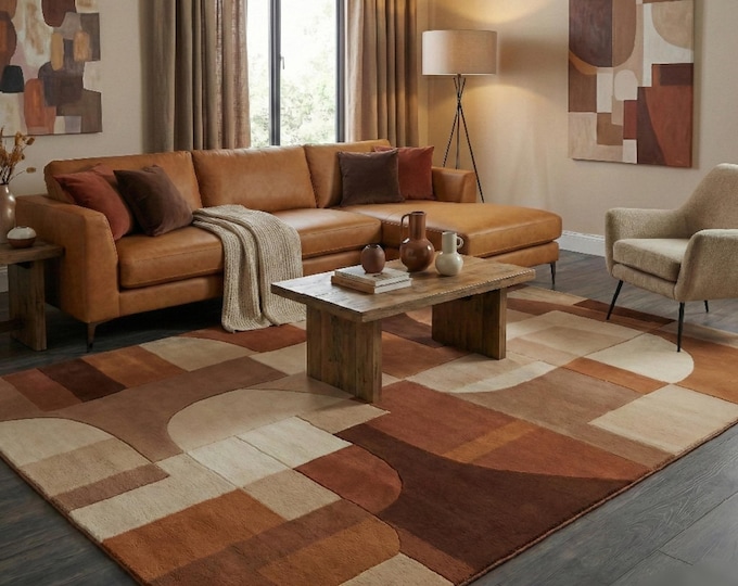 Modern Abstract Geometric Area Rug | Brown Beige Terracotta Patchwork Carpet | Contemporary Living Room Rug | Minimalist Boho Floor Rug