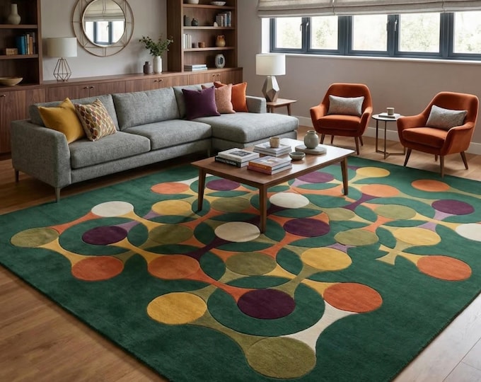 Mid Century Modern Rug - Retro Geometric Green Area Rug - Hand Tufted Wool Rug for Living Room - 1970s Style Decor - Large Colorful Handmade