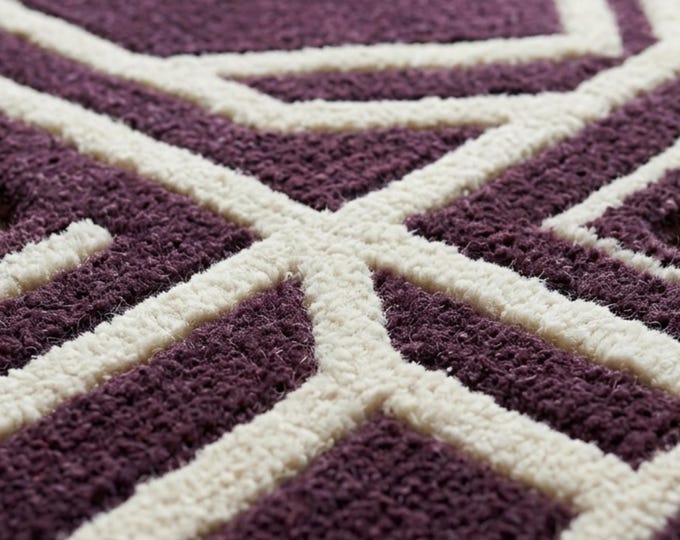 Purple Geometric Area Rug, 8X10 Modern Hand Tufted Wool Carpet, Plum Maze Pattern Rug for Living Room, Deep Texture Custom Size Floor Decor