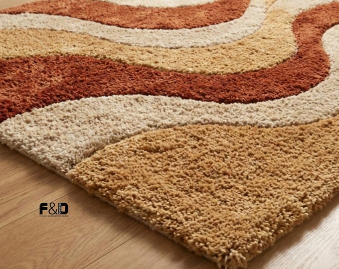 Retro 70s Wavy Area Rug – Burnt Orange & Cream Abstract Shag Carpet – Mid Century Modern Living Room Decor – Plush Earth Tone Tufted Floor