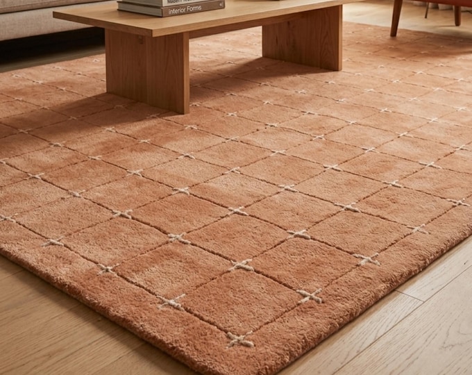 9x12 Terracotta Moroccan Rug | Deep Texture Grid Area Rug | Plush Boho Geometric Carpet | Burnt Orange Artisanal Custom Rug for Living Room