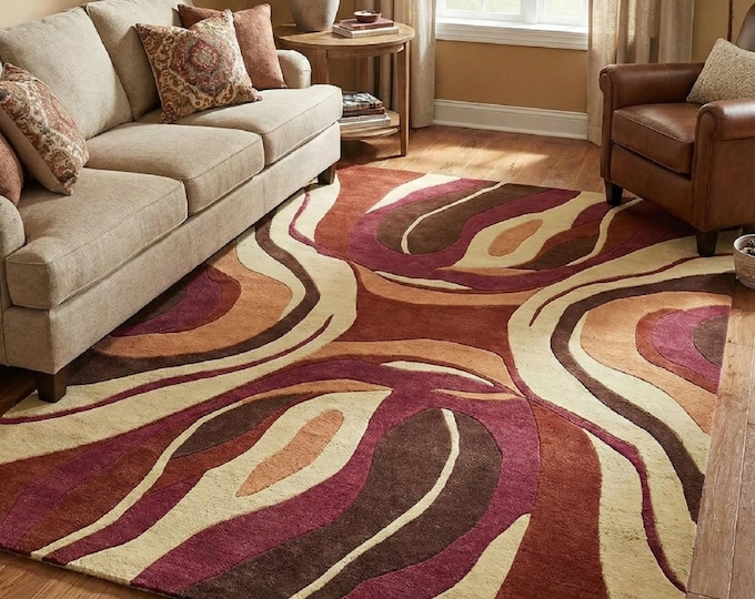 Abstract Wavy Area Rug | Burgundy, Cream & Brown Swirl Carpet | Modern Contemporary Mid-Century Rug for Living Room Bedroom | Soft Cut Pile