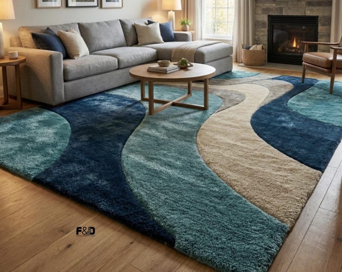 Modern Abstract Area Rug – Blue, Teal & Beige Wavy Swirl Design – Plush Soft Living Room Carpet – Contemporary Coastal Ocean Decor – Custom