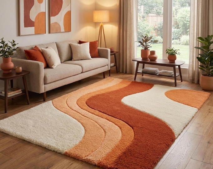 Retro Wavy Area Rug, Terracotta & Cream 70s Tufted Rug, Mid Century Modern Abstract Carpet, Groovy Orange Swirl Rug for Living Room Bedroom