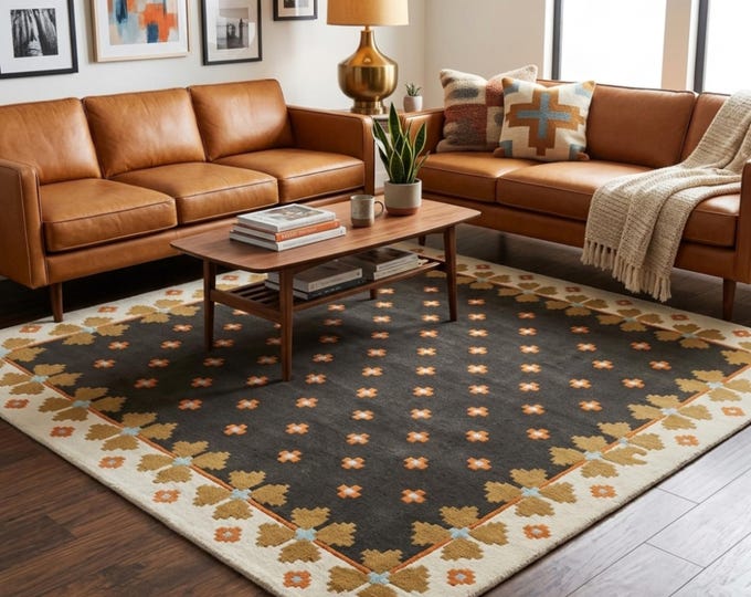 Hand Tufted Wool Rug Dark Brown Floral Area Rug | Plush Deep Texture Custom Size Carpet for Living Room & Bedroom | Oushak Style Floor Art