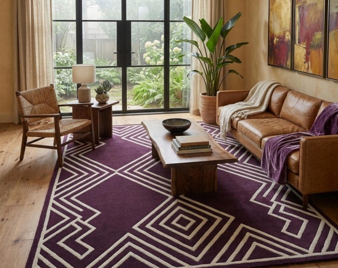Purple Geometric Area Rug, 8X10 Modern Hand Tufted Wool Carpet, Plum Maze Pattern Rug for Living Room, Deep Texture Custom Size Floor Decor