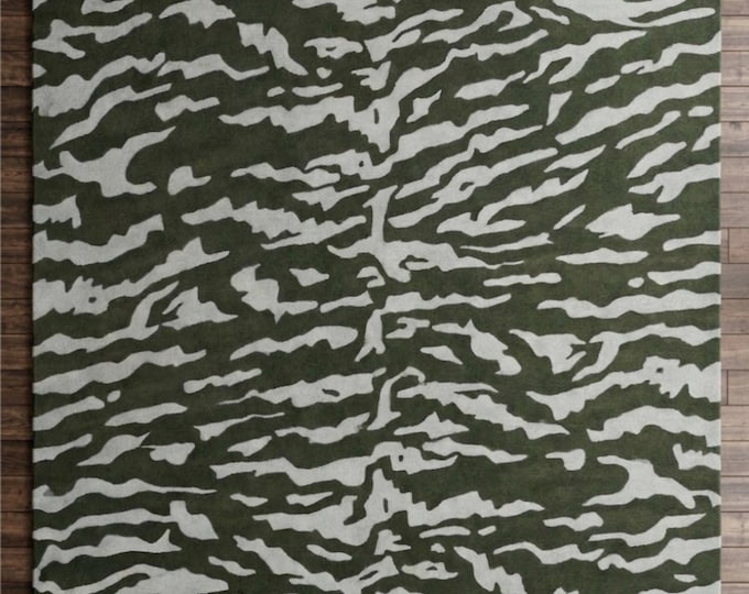 9×12ft Olive Green Abstract Animal Print Area Rug | Modern Tiger Stripe Living Room Carpet | Contemporary Tufted Rug style 8×10ft/10×14ft.