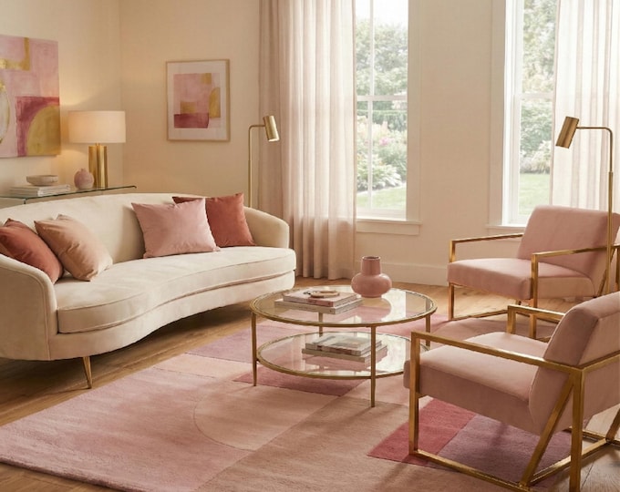 Abstract Geometric Area Rug | Boho Pink & Beige Tufted Carpet | Mid Century Modern Decor | Pastel Art Deco Rug for Living Room Bedroom