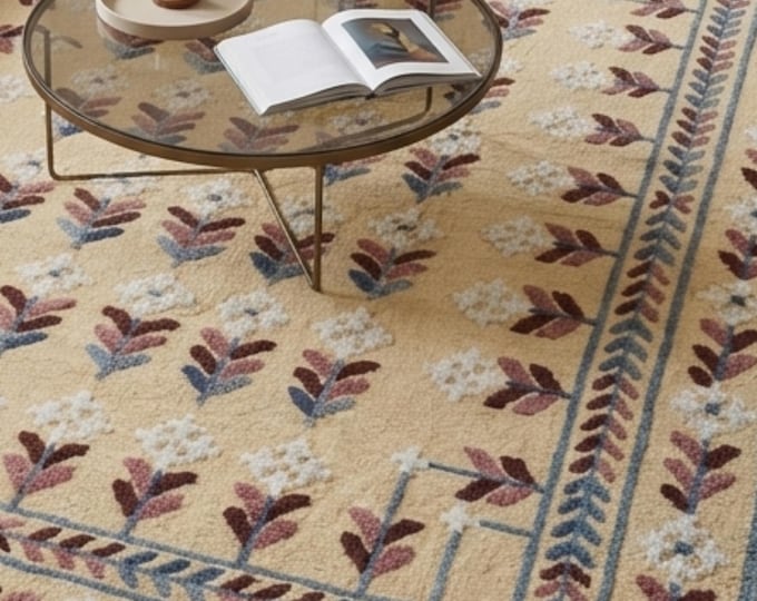 Hand-Tufted Wool Area Rug | 8x10ft Beige & Burgundy Floral Pattern | Traditional Arts Crafts Style | Deep Texture Living Room Rug 9x12ft