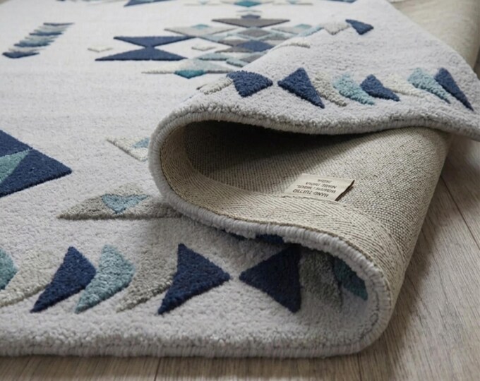 Geometric Tufted Area Rug | Boho Blue & Grey Tribal Carpet | Modern Southwestern Wool Rug for Living Room | Off-White Textured Nursery Rug