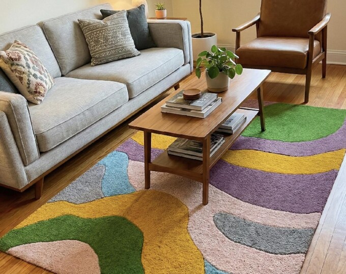 Mid Century Modern Abstract Area Rug | Colorful Wavy Hand-Tufted Rug for Living Room & Bedroom | Funky Retro Decor | Floor And Decor Rugs