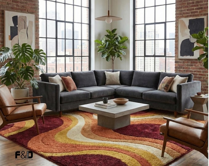 Modern Abstract Area Rug | Retro Wavy Pattern Rug in Maroon Rust Mustard | Soft Shag Living Room Rug | Contemporary Boho Home Decor